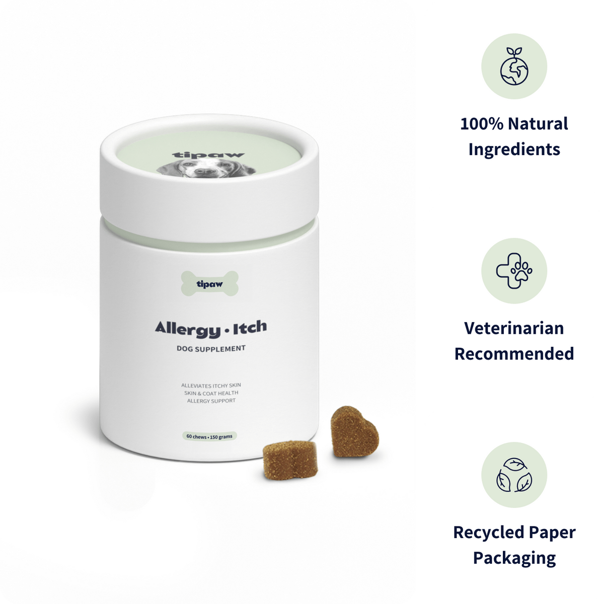 Tipaw Hud & pels til hund (Allergy & Itch) – 60 myke tyggebiter