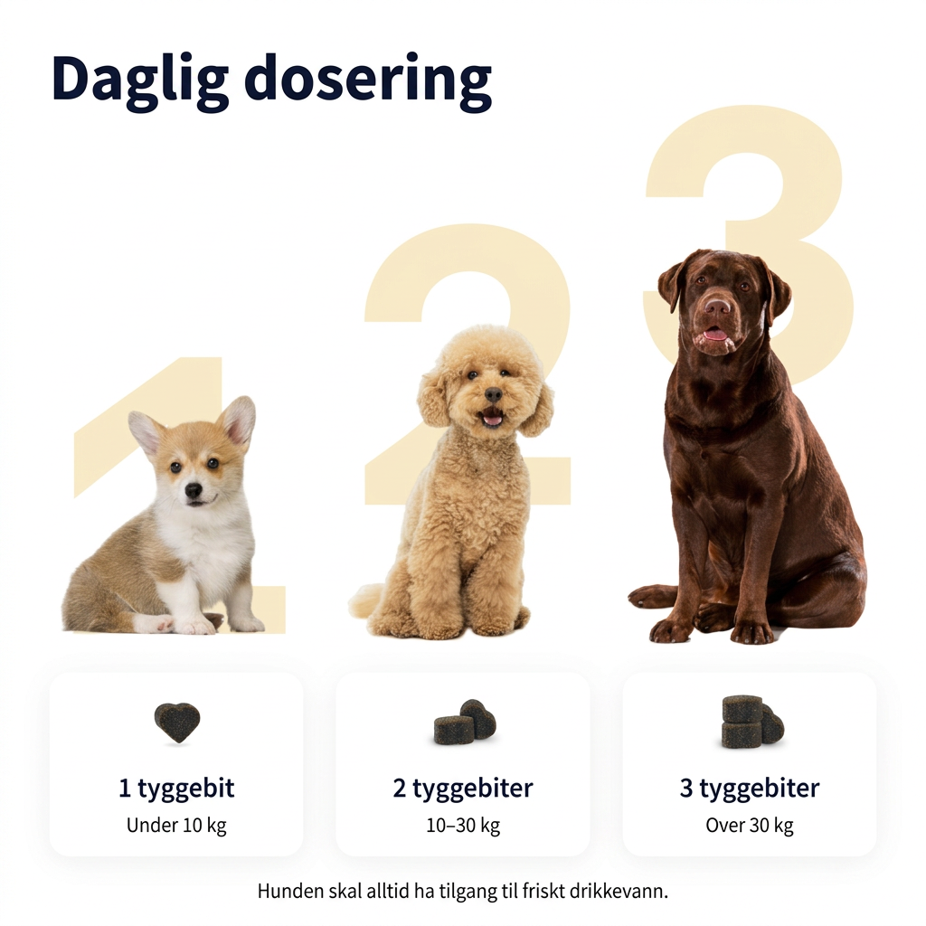 Daglig dosering: Under 10 kg, 1 tyggebit. Fra 10 til og med 30 kg, 2 tyggebiter. Over 30 kg, 3 tyggebiter.